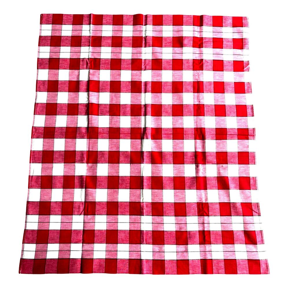 Vintage Tablecloth red & white plaid table topper homespun farmhouse FLAWS